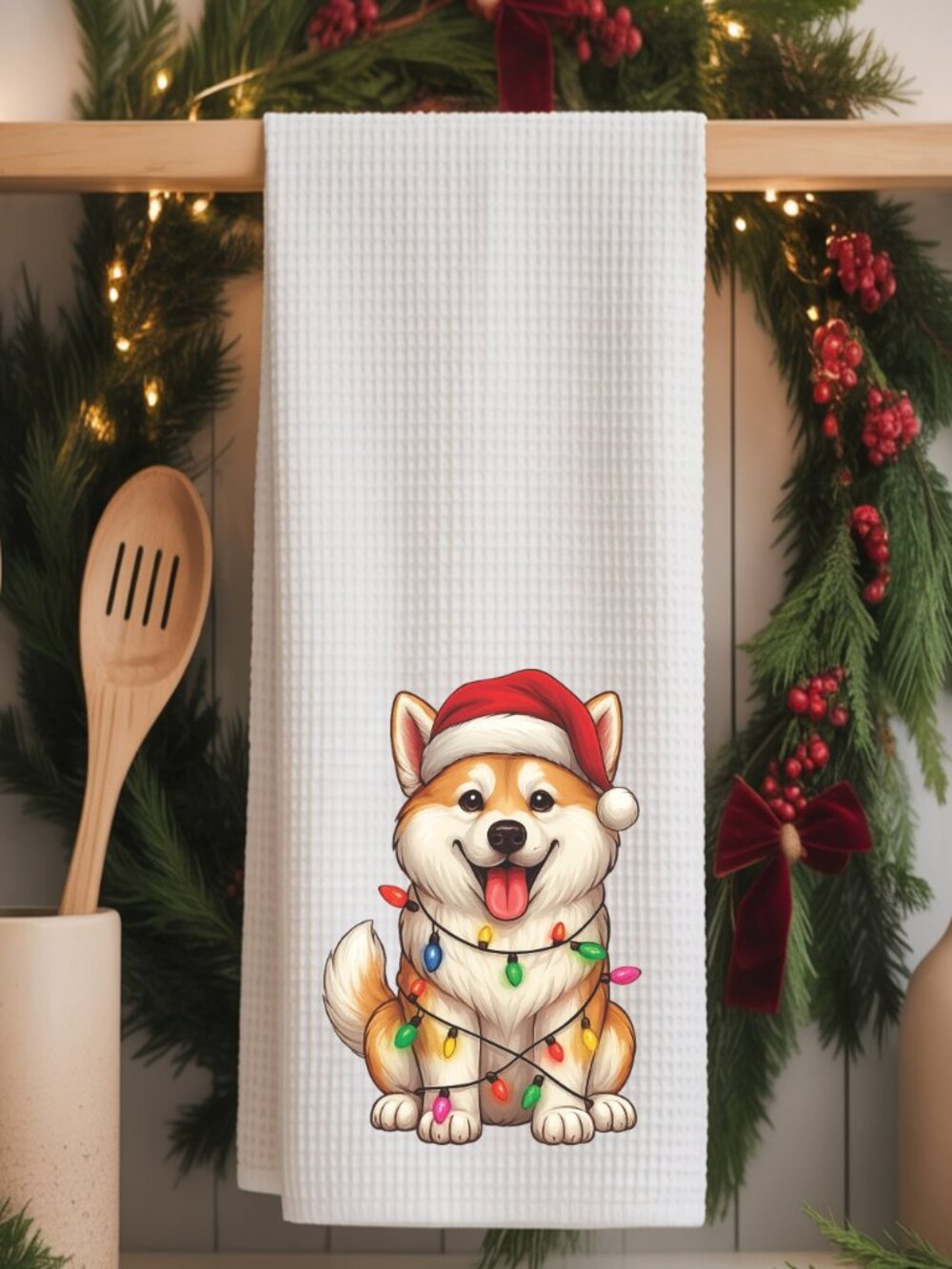 Jindo Dog Christmas Lights Decorative Kitchen Tea Towel